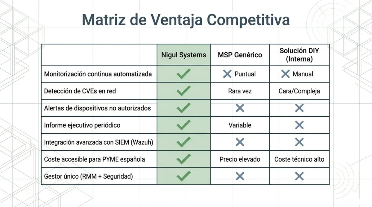 Matriz de ventaja competitiva: Nigul Systems vs MSP genérico vs solución DIY
